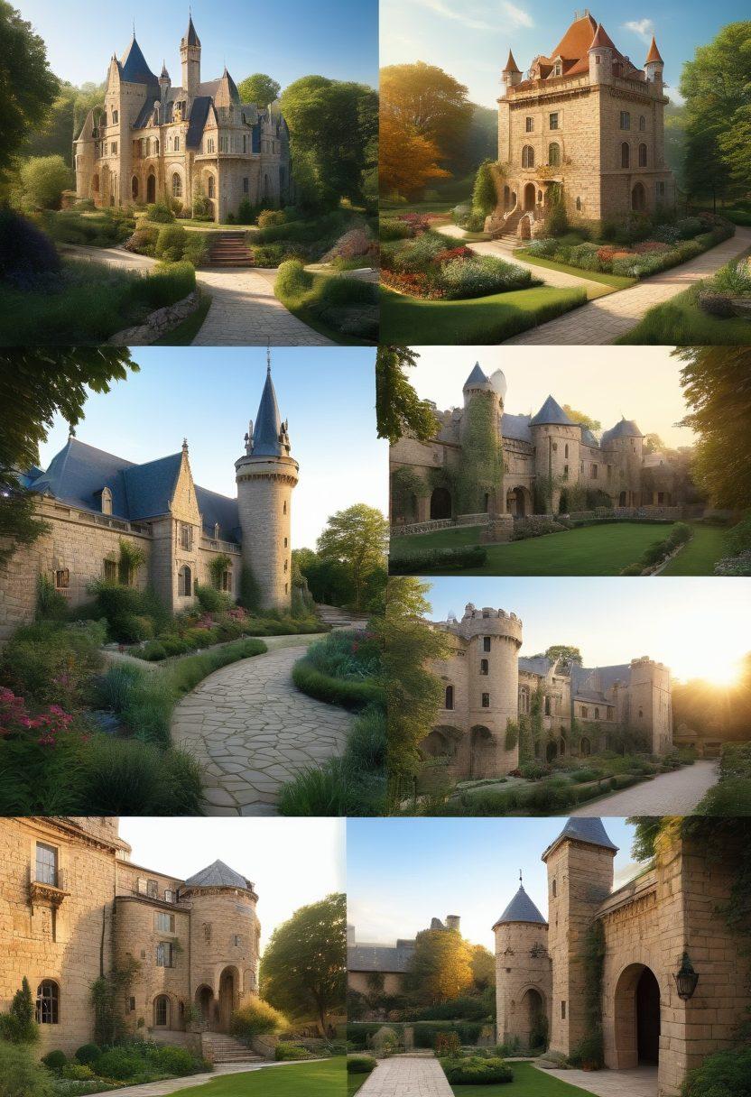 A stunning collage of various architectural styles, showcasing towering fortresses with thick stone walls transitioning into elegant manors with intricate designs, surrounded by lush greenery and historical landscapes. Warm sunlight casts dramatic shadows, enhancing the beauty of the structures. Include details like banners fluttering from castle towers and decorative gardens in front of the manors. super-realistic. vibrant colors. historical ambiance.