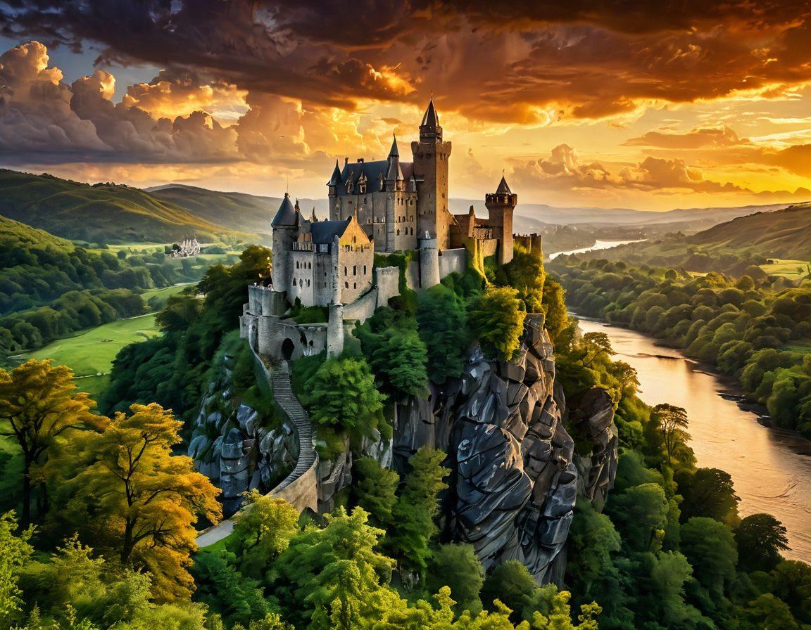 A majestic view of a historic castle perched on a hilltop surrounded by lush green landscapes, with a sunset casting golden hues on the stone walls. Include a dramatic sky with clouds, a winding river at the base, and silhouettes of visiting tourists marveling at the architecture. The scene should evoke a sense of adventure and exploration. vibrant colors. super-realistic.