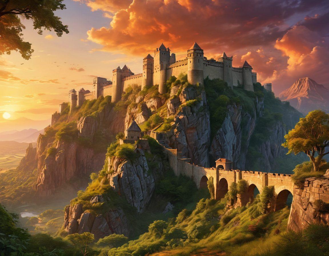A majestic citadel towering over a lush green landscape, with ancient stone walls and battlements touched by the warm glow of sunset. In the foreground, a group of diverse historians and archaeologists engage in animated discussion, holding artifacts and maps, embodying their passion for preserving history. The background features distant mountains and a clear sky, symbolizing the passage of time and the endurance of these fortresses. The scene is rich in color, capturing a sense of adventure and legacy. super-realistic. vibrant colors. evening sky.